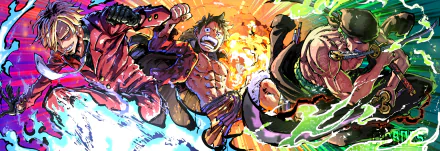 HD anime desktop wallpaper featuring One Piece's Monster Trio—Monkey D. Luffy, Roronoa Zoro, and Sanji—in dynamic action poses with vibrant effects.
