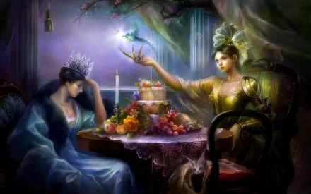 A fantasy-themed HD desktop wallpaper featuring two women, one wearing a crown, at a lavishly decorated table with vibrant fruit, a cake, and a mystical bird.