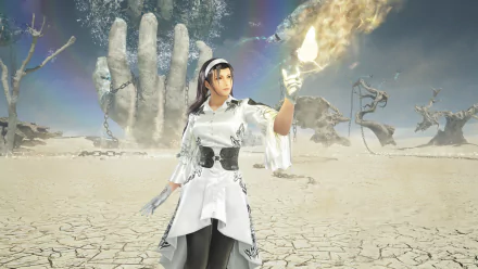 HD desktop wallpaper of Jun Kazama from Tekken 8, depicted with a flame in her hand in a mystical desert landscape.