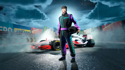 HD desktop wallpaper featuring a scene from Grand Theft Auto V, with a racer standing in front of a speeding Formula 1 car under stormy skies.