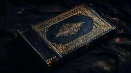 An ornate, closed book with intricate gold detailing rests on a dark, textured background, creating a striking HD desktop wallpaper and background.
