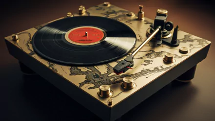 A close-up of a vintage turntable with a black vinyl record, showcasing intricate designs on the base, serves as an HD desktop wallpaper celebrating music and nostalgia.