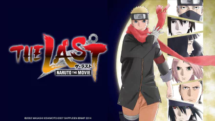 4K Ultra HD PC wallpaper: The Last: Naruto the Movie — Naruto in a red scarf center, film logo left, vertical panels of Sasuke, Sakura and others on a dark blue background.