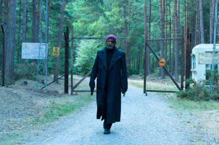 HD desktop wallpaper of a character in a black coat from Secret Invasion walking through a wooded area.