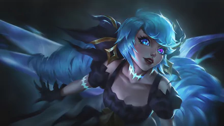 HD desktop wallpaper featuring Gwen from League of Legends with intense purple eyes and vibrant blue hair, set against a dark, dynamic background.