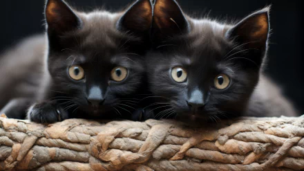 Two adorable black cats with striking eyes peeking over a rope, HD wallpaper.