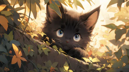 HD desktop wallpaper featuring an adorable black cat with striking blue eyes peering out from lush green foliage and warm sunlight filtering through.