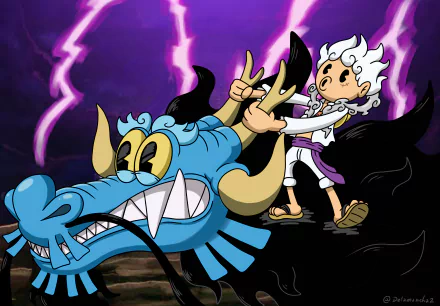 High-definition wallpaper showcasing an epic scene from One Piece: Gear 5, featuring Monkey D. Luffy battling Kaido amidst a dramatic backdrop of lightning and energy.