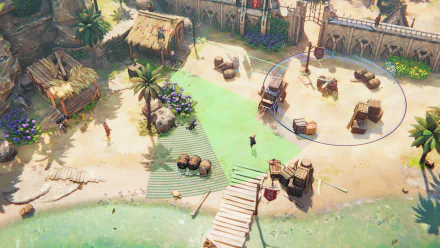 HD Wallpaper of Shadow Gambit: The Cursed Crew game featuring strategic gameplay on a sunlit pirate cove with vibrant graphics for desktop background.