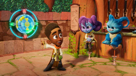 HD wallpaper featuring characters from Star Wars: Young Jedi Adventures, with a young Jedi and two alien companions in front of a Jedi temple.