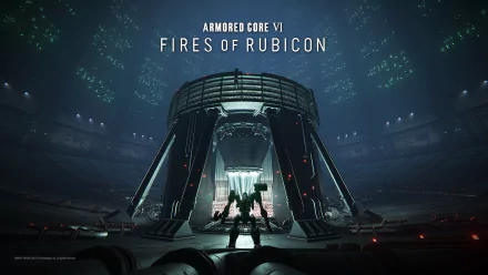 HD desktop wallpaper featuring a scene from Armored Core VI: Fires of Rubicon video game, showing a mechanized suit entering a futuristic hangar.
