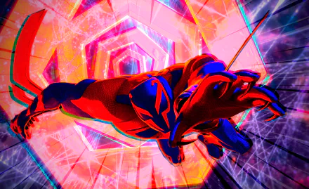 HD desktop wallpaper featuring Spider-Man 2099 (Miguel O'Hara) in vivid colors, soaring through a dynamic, geometric tunnel, promoting the movie Spider-Man: Across the Spider-Verse.