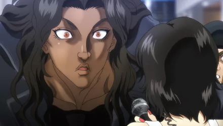 HD desktop wallpaper from the anime Baki Hanma showcasing a close-up of a character with intense white eyes and curly black hair, facing another character partially seen.