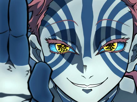 Close-up of Akaza from Demon Slayer: Kimetsu no Yaiba with intense blue-striped face and glowing yellow eyes, featured in an HD anime desktop wallpaper.
