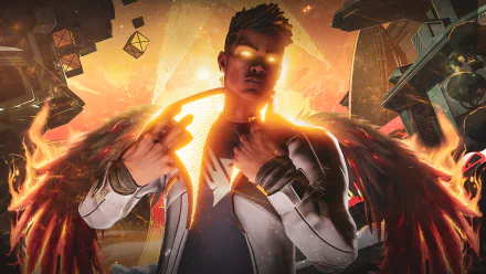 HD PC desktop wallpaper featuring Phoenix from the video game Valorant with fiery effects and glowing eyes in a dynamic, intense background.