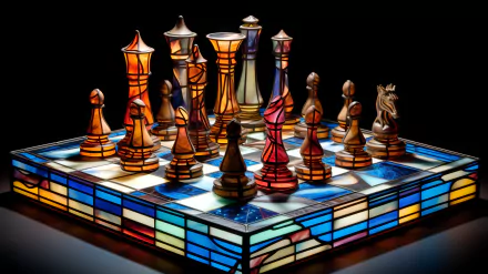 HD desktop wallpaper featuring a chess set with pieces made of stained glass, displayed on a glowing, colorful chessboard, emphasizing craftsmanship and artistry in a game setting.