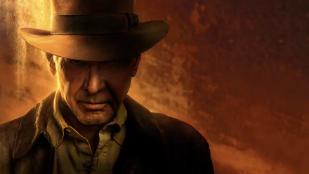 Moody close-up of a fedora-clad adventurer from Indiana Jones and the Dial of Destiny, drenched in golden light — 4K Ultra HD PC desktop wallpaper/background.