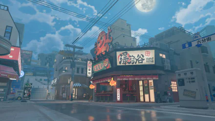 HD wallpaper featuring a vibrant urban street scene from Zenless Zone Zero with neon signs and a clear blue sky.