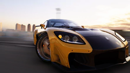 A detailed 4K Ultra HD desktop wallpaper featuring a yellow and black Mazda RX-7 car from the video game Assetto Corsa, captured in dynamic motion.
