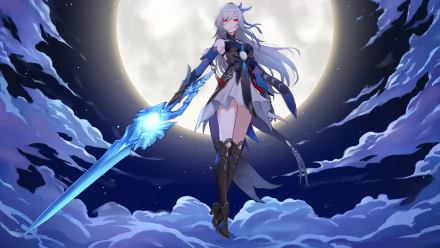 HD wallpaper featuring Jingliu from Honkai: Star Rail, posed with a glowing blue spear under a full moon and cloud-filled night sky.