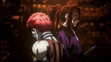 HD anime desktop wallpaper featuring characters from Demon Slayer: Kimetsu no Yaiba, showcasing intense expressions and detailed dark background lighting.