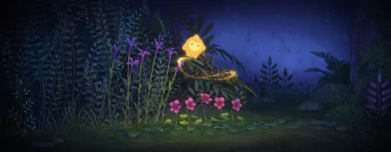 HD desktop wallpaper of a magical glowing creature in a whimsical night garden from Wish (2023), featuring starry sky and vibrant flowers.