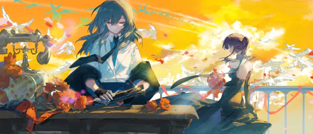 A vibrant 4K Ultra HD PC wallpaper featuring Stelle and Kafka from the video game Honkai: Star Rail against a bright, golden sky with flowers and flying birds.