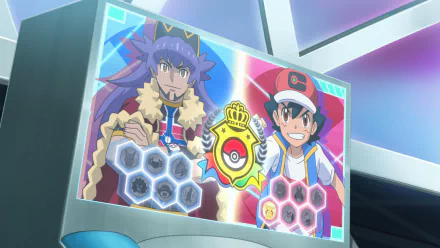 HD wallpaper of Ash Ketchum and Leon from Pokémon Ultimate Journeys: The Series, showcasing the iconic characters with their battle insignia in an animated background.