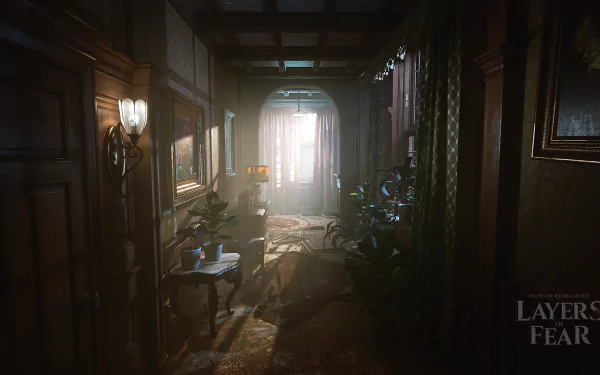 HD desktop wallpaper featuring a spooky interior scene from the game Layers of Fear with dim lighting and Victorian-style decor.