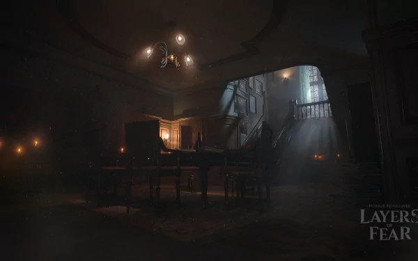 HD desktop wallpaper featuring a haunting scene from Layers of Fear with atmospheric lighting illuminating a grand piano in a dark, eerie room.