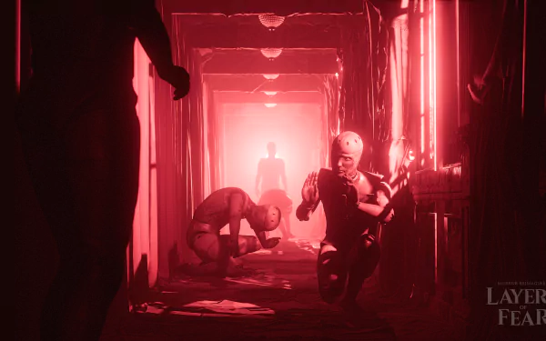 HD desktop wallpaper featuring a haunting scene from Layers of Fear with eerie figures in a crimson-tinged corridor.