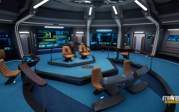 HD desktop wallpaper featuring the command bridge from Star Trek: Resurgence, showcasing futuristic chairs and control panels.