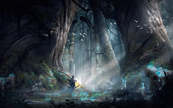 A mystical forest scene from the video game Nightingale, featuring towering trees, ethereal light, and ghostly figures, creating an enchanting atmosphere for a HD desktop wallpaper.