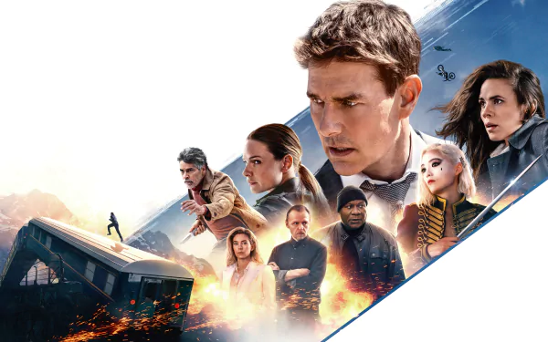 8K Ultra HD desktop wallpaper featuring characters from the movie Mission: Impossible - Dead Reckoning Part One with action-packed and dramatic visuals.