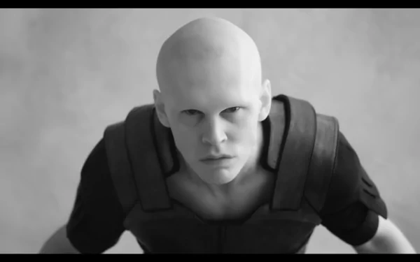 A striking black and white HD wallpaper featuring Austin Butler as a character from the movie Dune: Part Two, portraying a tense and captivating moment.