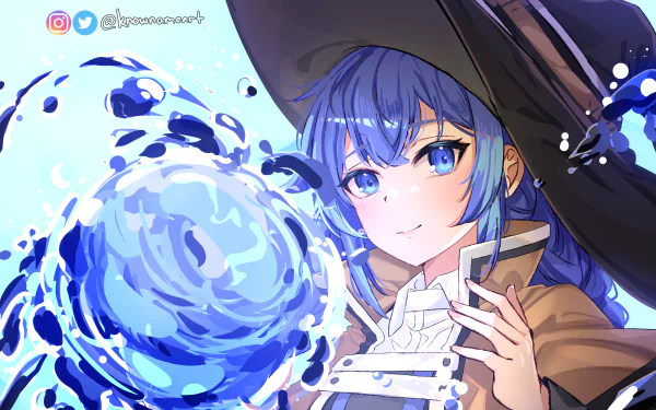HD PC desktop wallpaper featuring Roxy Migurdia from the anime Mushoku Tensei: Jobless Reincarnation, casting a glowing blue magical spell.