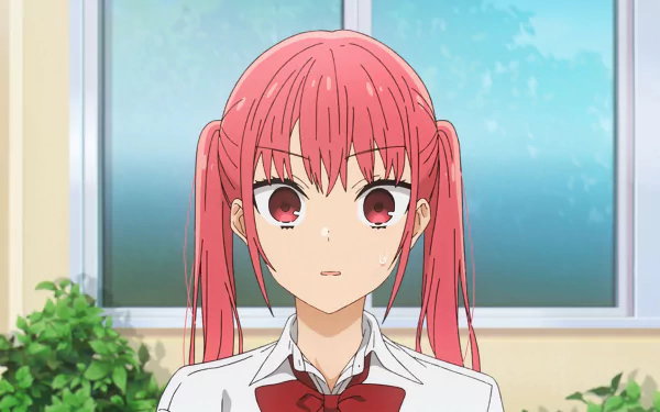 A vibrant HD wallpaper featuring a character from Horimiya: The Missing Pieces, showcasing a girl with pink hair and a white school uniform, set against a bright window backdrop.