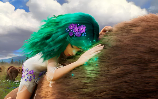 Animated character with green hair from Mavka: The Forest Song embracing a creature in a magical HD desktop wallpaper.