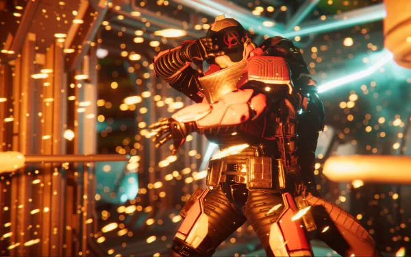 Science fiction themed HD wallpaper featuring a member of the Void Crew in futuristic armor surrounded by dynamic lighting effects.