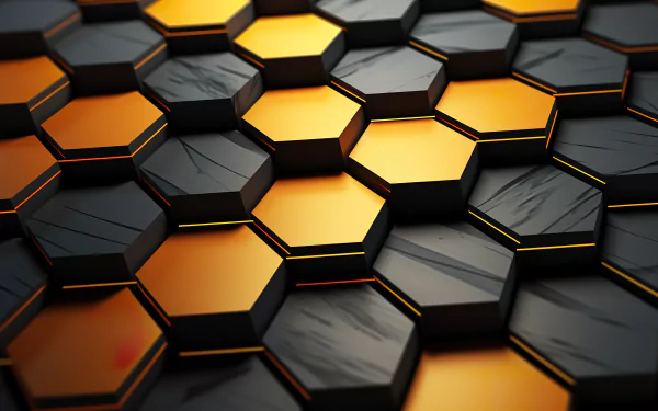 HD desktop wallpaper featuring a 3D abstract honeycomb pattern with orange and black hexagonal tiles.