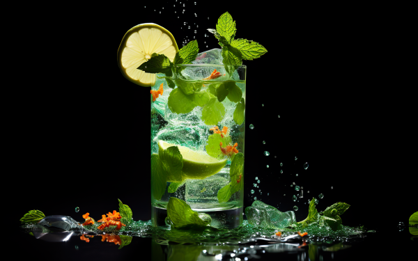Refreshing mojito cocktail with lime and mint splashing on dark background, HD wallpaper.