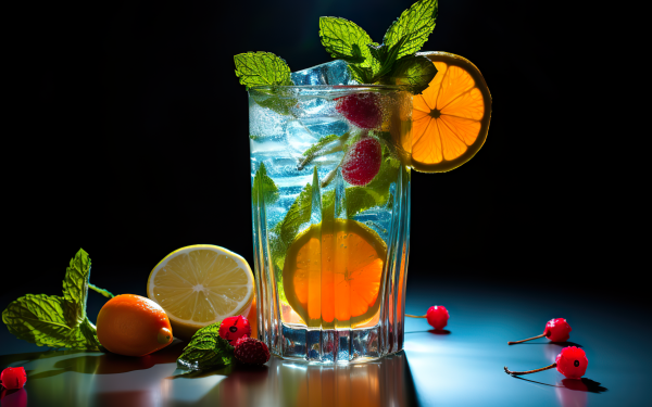 Refreshing cocktail with mint, citrus, and berries, perfect as an HD desktop wallpaper and background.