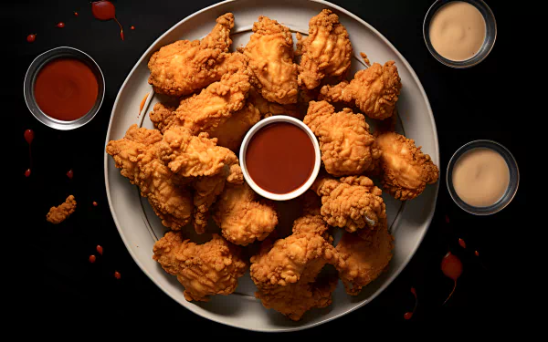 Crispy fried chicken with dipping sauces on a dark background, HD food wallpaper.