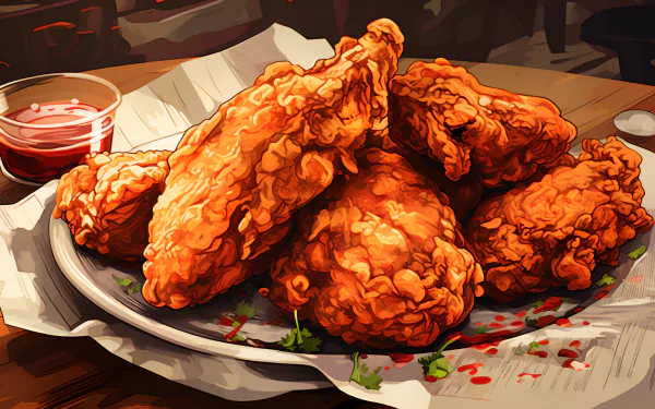 Crispy fried chicken on a plate with hot sauce and herbs illustration for HD food-themed desktop wallpaper.