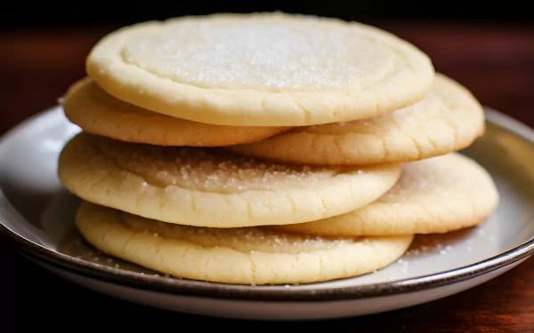 A close-up of a stack of sugar cookies on a plate, with a sprinkle of sugar on top, set against a warm wooden background, creating an inviting and appetizing desktop wallpaper.