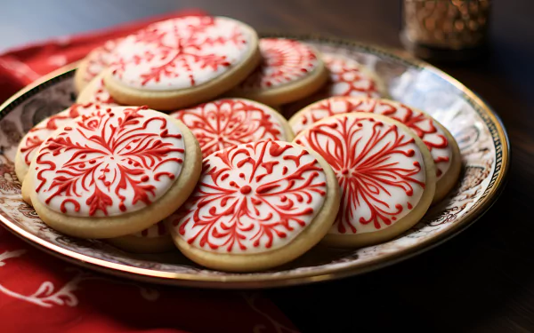 A decorative plate of beautifully iced sugar cookies features intricate red and white designs, set against a soft, warm background, making it an inviting wallpaper choice.