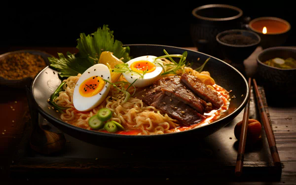 HD wallpaper of a steaming bowl of ramen with sliced beef, egg, and vegetables, set in a moody, atmospheric table setting.