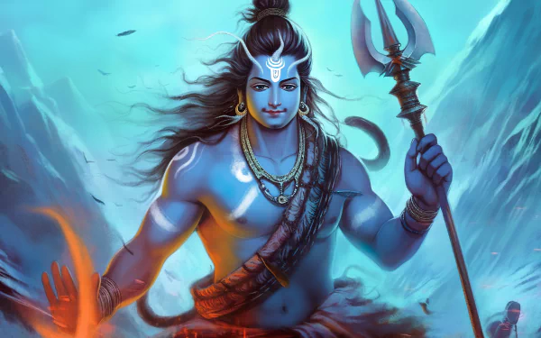 HD desktop wallpaper depicting Lord Shiva in a majestic pose with a trident, set against a backdrop of icy mountains, showcasing vibrant blue and orange hues.