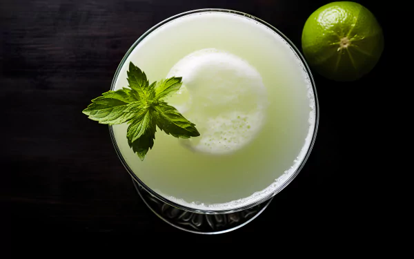 HD desktop wallpaper featuring a refreshing Daiquiri garnished with fresh mint and a lime, set against a dark background.