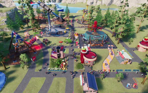 HD desktop wallpaper from the video game Park Beyond featuring a vibrant theme park with various rides and attractions set in a lush, green landscape.